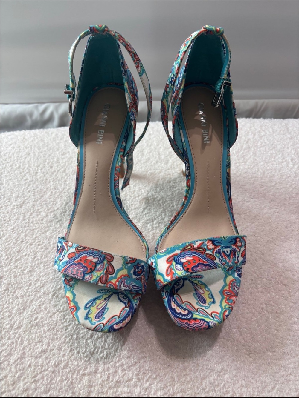 Gianni Bini Teal Multicolor Paisley Ankle-Strap Heels